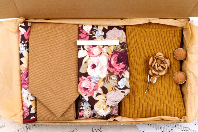 Gold and Floral Sock and Tie Groom Set - Jack and Miles