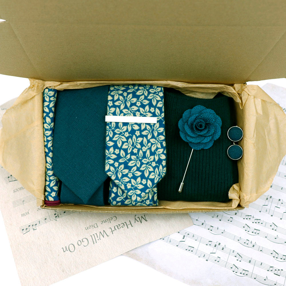Pine Teal and Ivy Leaves Sock and Tie Groom Set - Jack and Miles