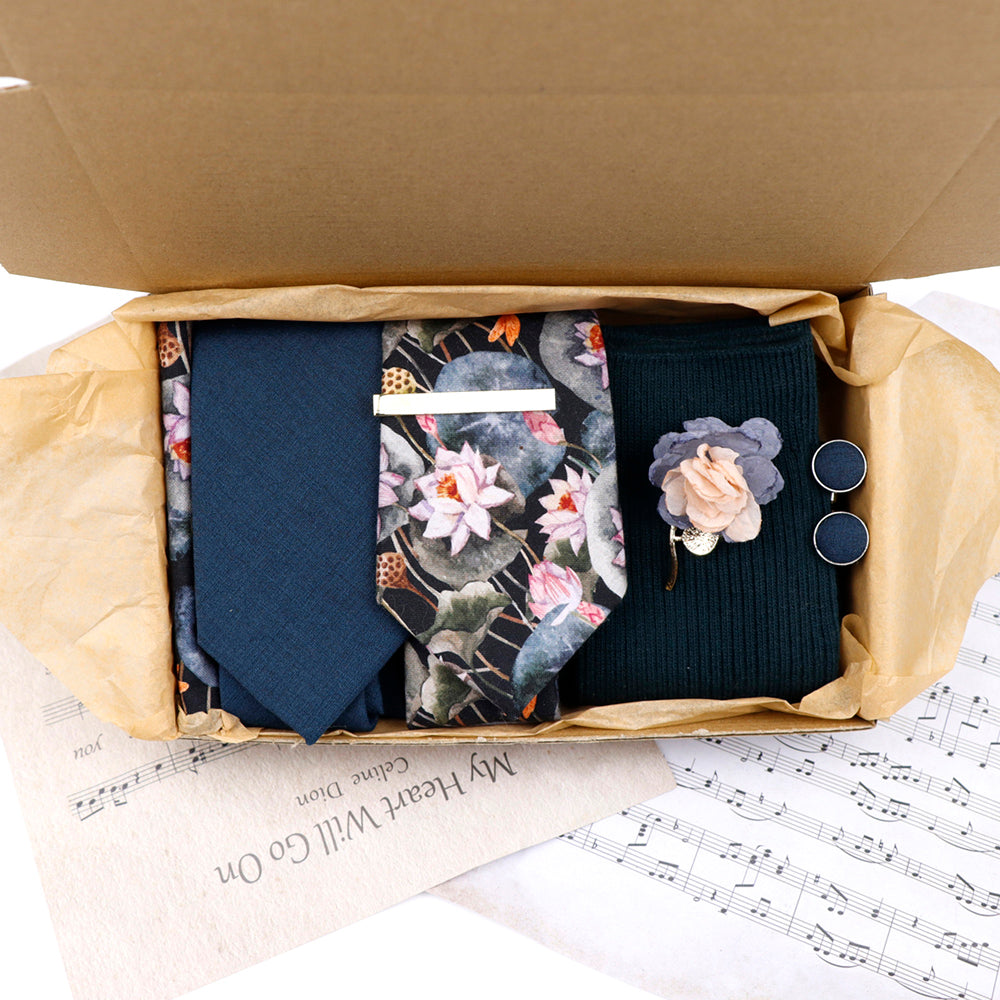 Water Lily Navy Sock and Tie Groom Set - Jack and Miles