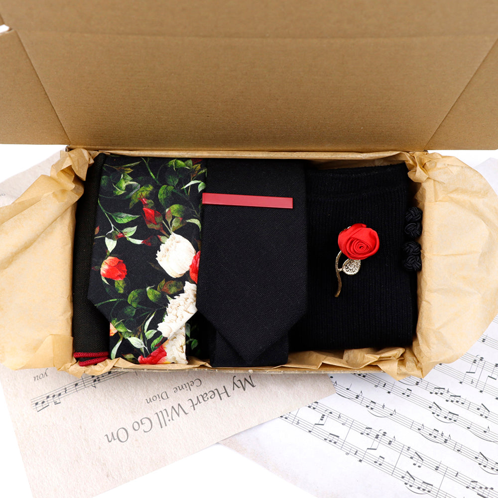 Black and Floral Poppy Tie and Sock Groom Set - Jack and Miles