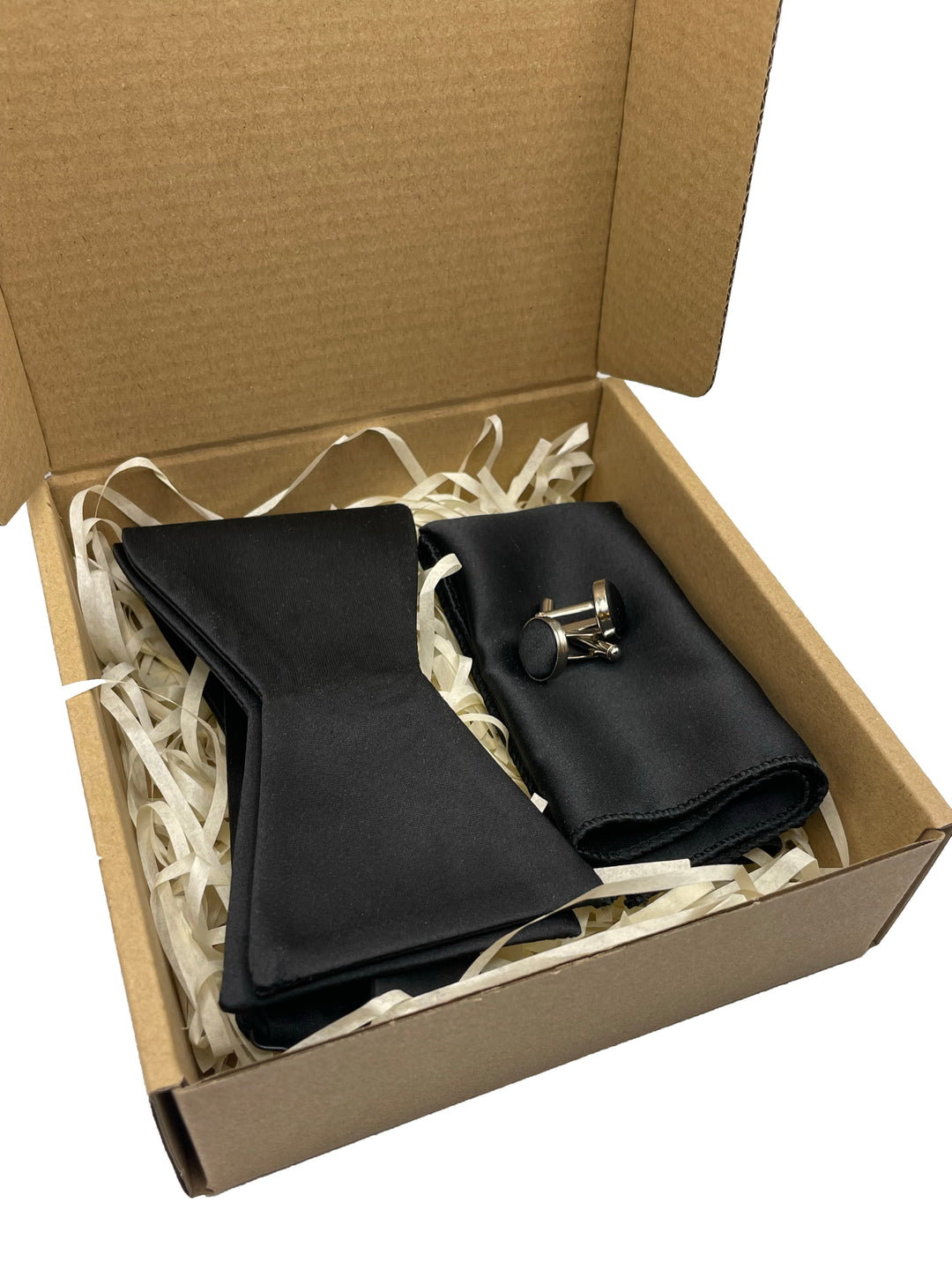 Black Satin Wedding Self Tie Bow Tie Set with Cuff links and Pocket Square - Jack and Miles