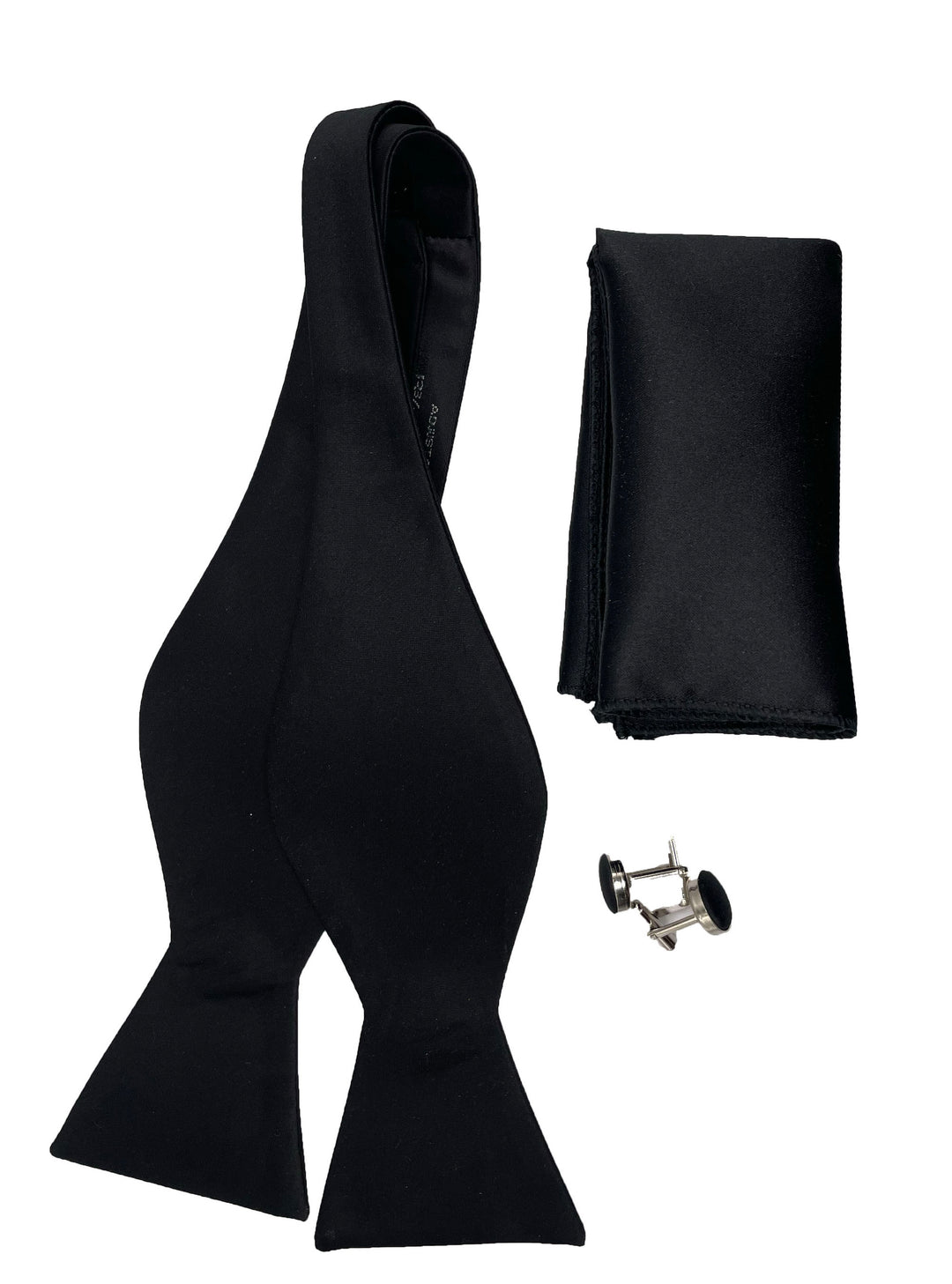 Black Satin Wedding Self Tie Bow Tie Set with Cuff links and Pocket Square - Jack and Miles