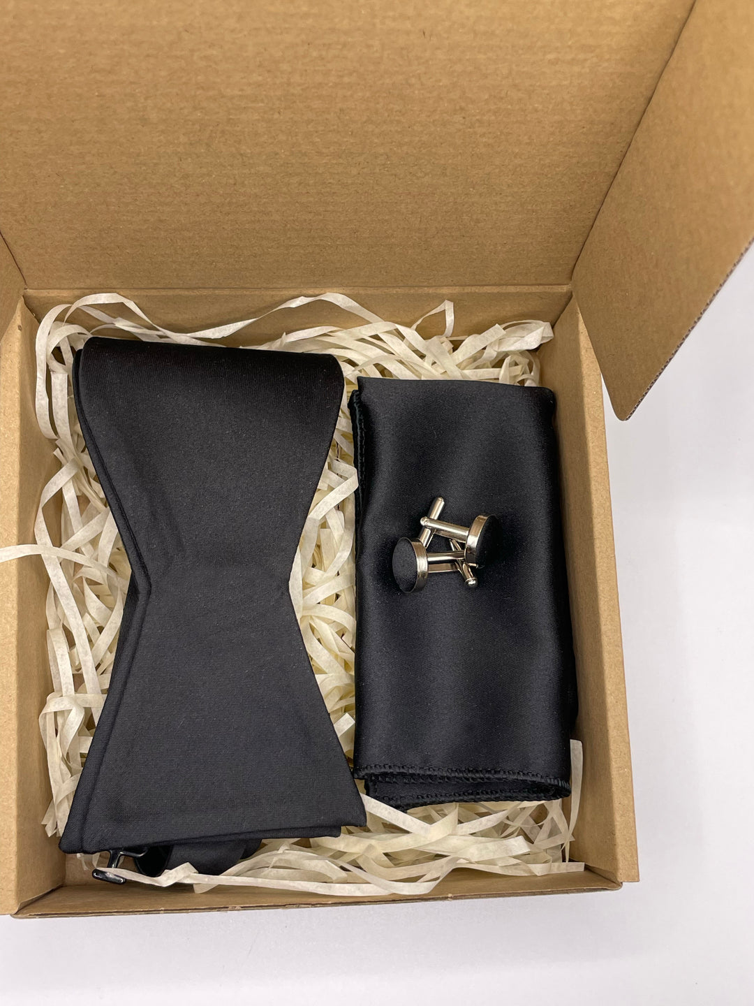 Black Satin Wedding Self Tie Bow Tie Set with Cuff links and Pocket Square - Jack and Miles