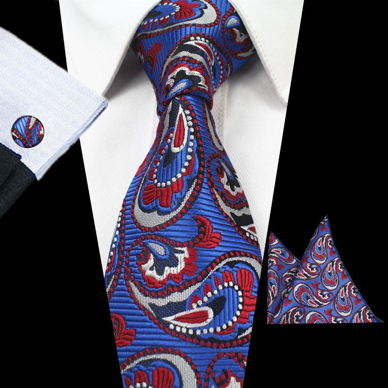 Dark Blue Patterned Tie Set | Matching Handkerchief + Cufflinks + Box