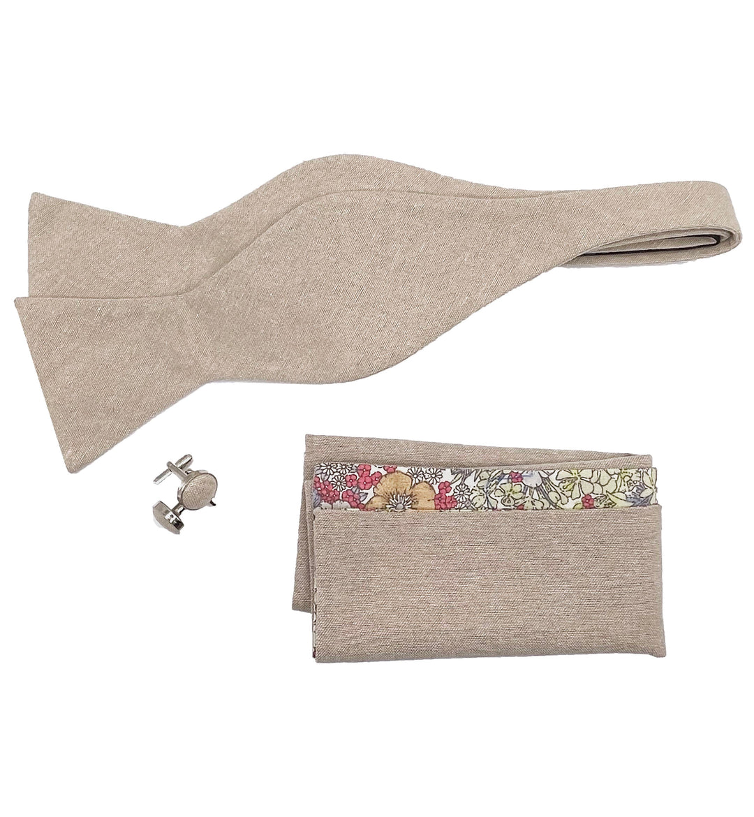 Taupe Self Tie Bow Tie Wedding Set + Pocket Square and cuff links - Jack and Miles