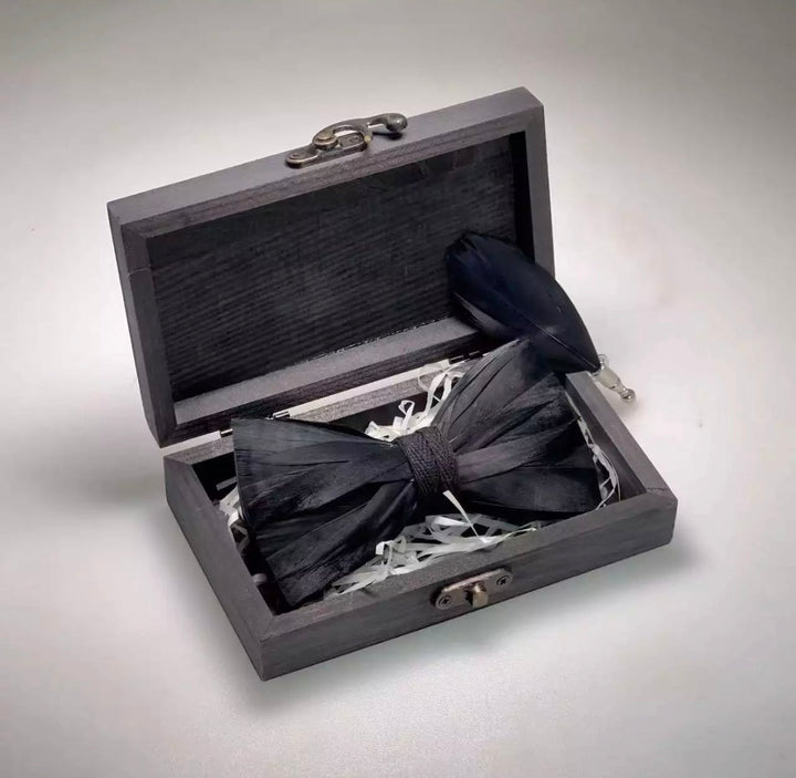The Bond black feather bow tie for groomsmen