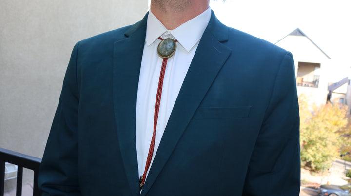 The Teton – Smoky Blue Gray Stone Bolo Tie with Bronze Finish Genuine Leather
