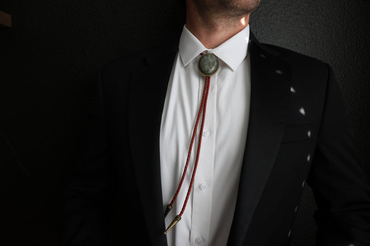 The Teton – Smoky Blue Gray Stone Bolo Tie with Bronze Finish Genuine Leather