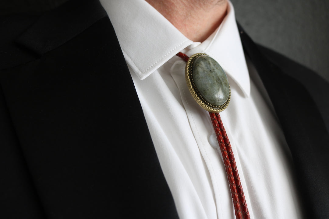 The Teton – Smoky Blue Gray Stone Bolo Tie with Bronze Finish Genuine Leather