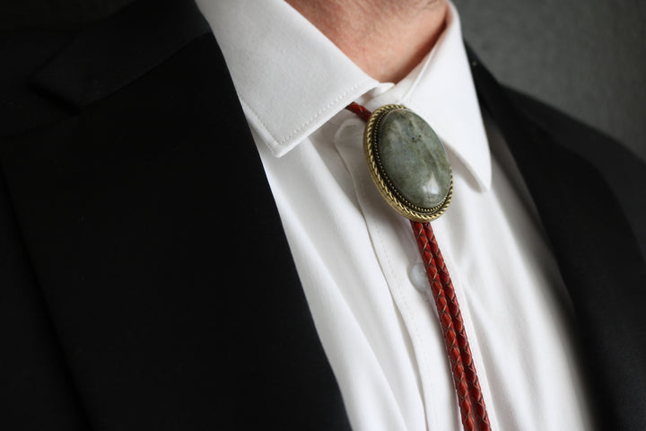 The Teton – Smoky Blue Gray Stone Bolo Tie with Bronze Finish Genuine Leather