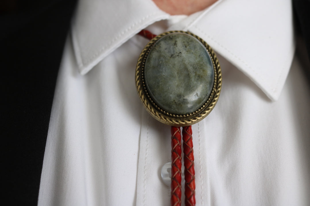 The Teton – Smoky Blue Gray Stone Bolo Tie with Bronze Finish Genuine Leather