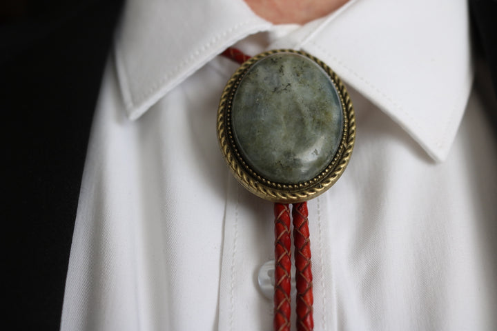 The Teton – Smoky Blue Gray Stone Bolo Tie with Bronze Finish Genuine Leather