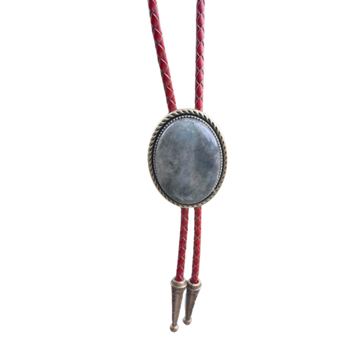 The Teton – Smoky Blue Gray Stone Bolo Tie with Bronze Finish Genuine Leather